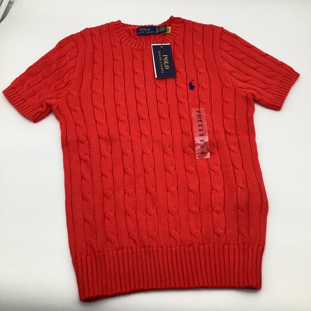 Polo Ralph‎ Lauren Womens Short Sleeve Cable Knit Sweater Red Size XS NWT